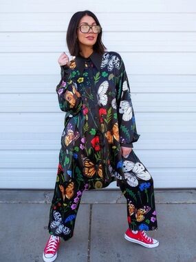Dressed in Lala Posh Satin Playsuit in Folklore Florals ** HEMMED PANTS **